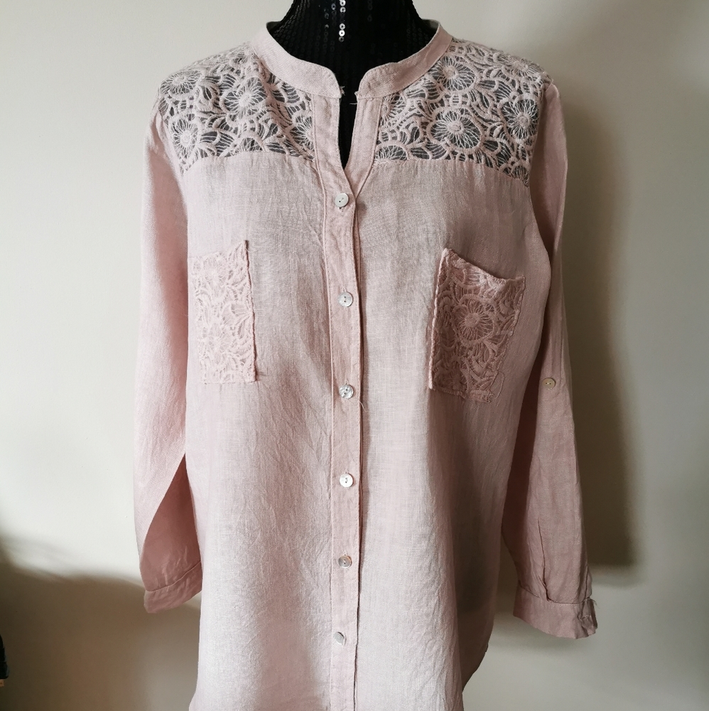 M Made In Italy Pink Linen Lace Shirt Size Medium